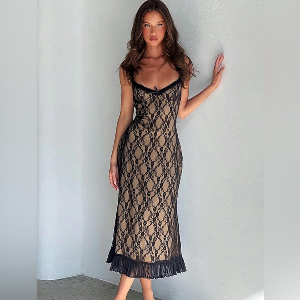 Women’s Geometric Print Contrast Lace Bow Decor Bodycon Dress
